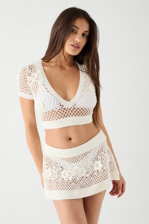 Frankies Bikinis Adaline Crochet Cropped Shirt Blancas | DY4279065