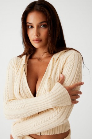 Frankies Bikinis Aimee Cable Cloud Knit Hoodie French Vanilla | AW2061937