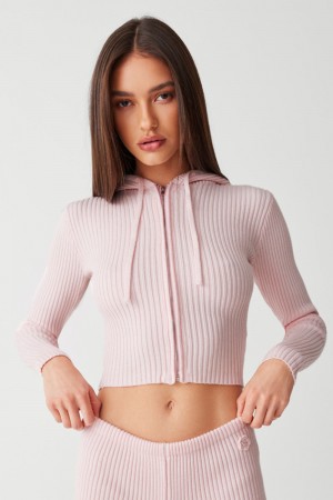 Frankies Bikinis Aimee Ribbed Cloud Knit Hoodie Rosas | SQ8506391