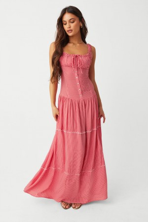 Frankies Bikinis Christabelle Ruffle Maxi Dress Ladybug Gingham | NP7523918