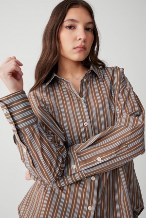 Frankies Bikinis Griffin Striped Button Up Shirt Ocean Stone | MN6059384