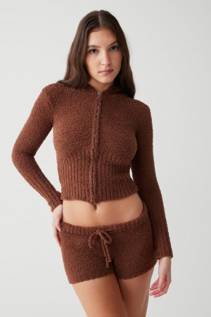 Frankies Bikinis Harlowe Fuzzy Zip Up Hoodie Chocolate | KL3912648