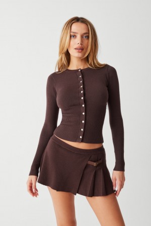 Frankies Bikinis Lenon Cloud Knit Button Up Cardigan Mocha | EU6843502