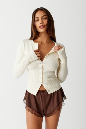 Frankies Bikinis Lenon Cloud Knit Button Up Cardigan Porcelain | JA6051743