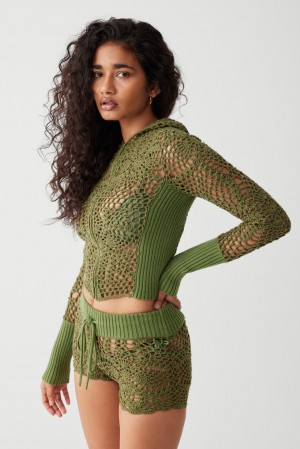 Frankies Bikinis Lyla Crochet Zip Up Hoodie Sea Moss | CZ9806753