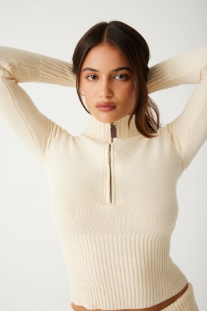 Frankies Bikinis Maverick Cloud Knit Half Zip Sweater French Vanilla | RO6409583